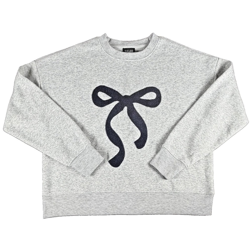 Derek Heart Sweatshirt Womens Medium Gray Bow Graphic Fleece Crew Neck Pullover